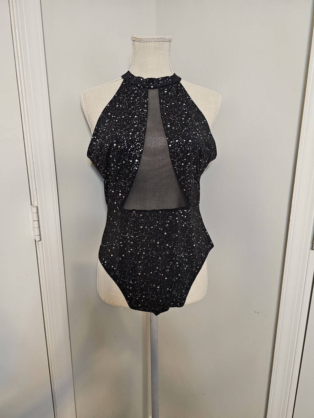 SHEIN Black Sparkle Halter Bodysuit with Silver Dot Accents